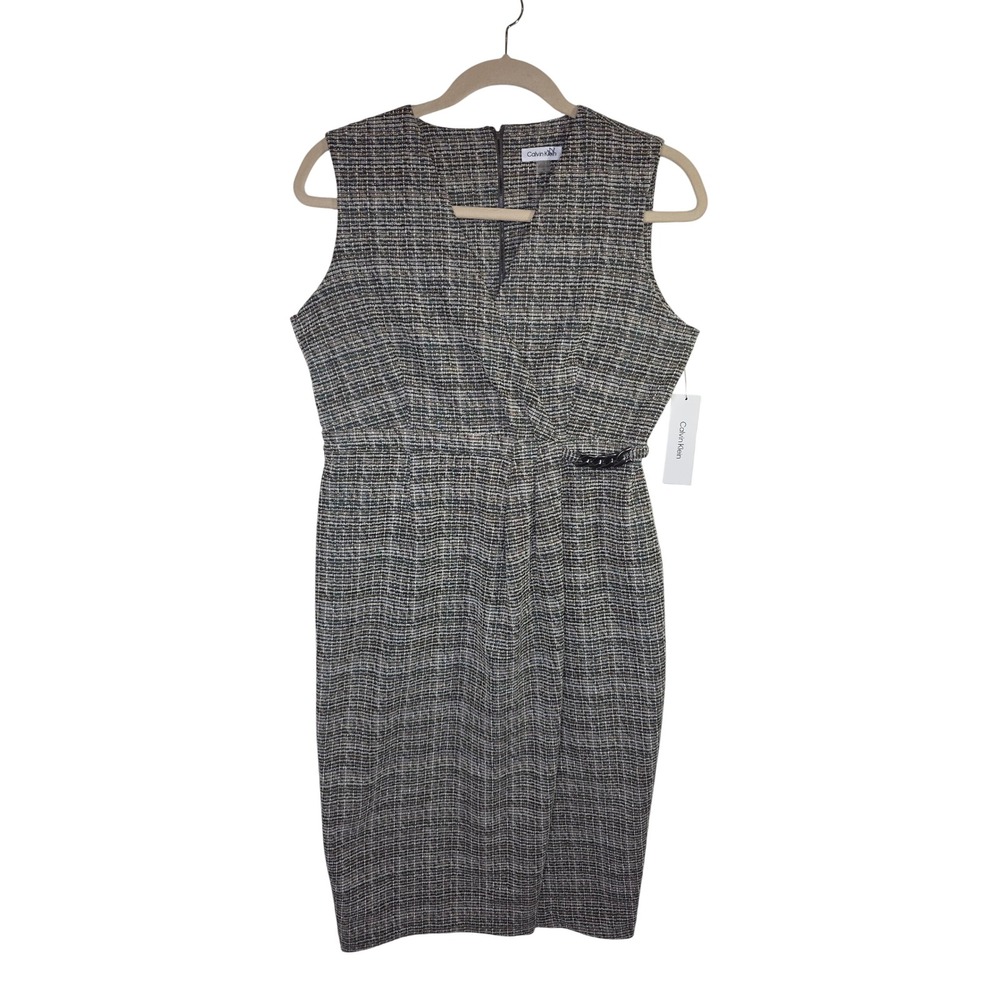 NWT Calvin Klein‎ Tweed SheathDress Sleeveless V-NeckMetallicBlackGold 14 Office